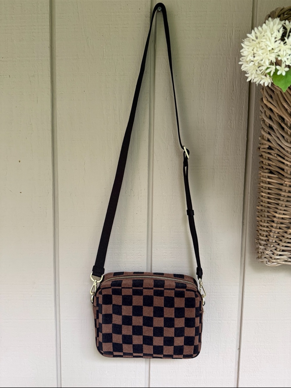 Rothy’s Crossbody Camera Bag ReVelvet Umber Check NWT